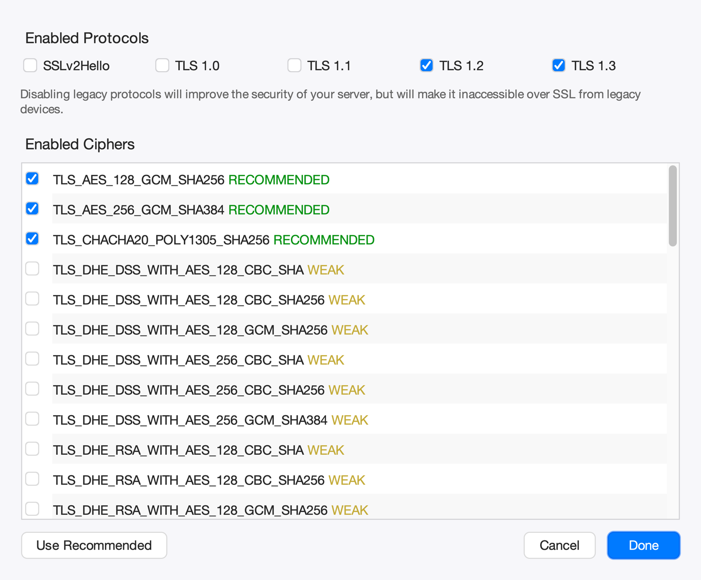 Ciphers and Protocols Screenshot
