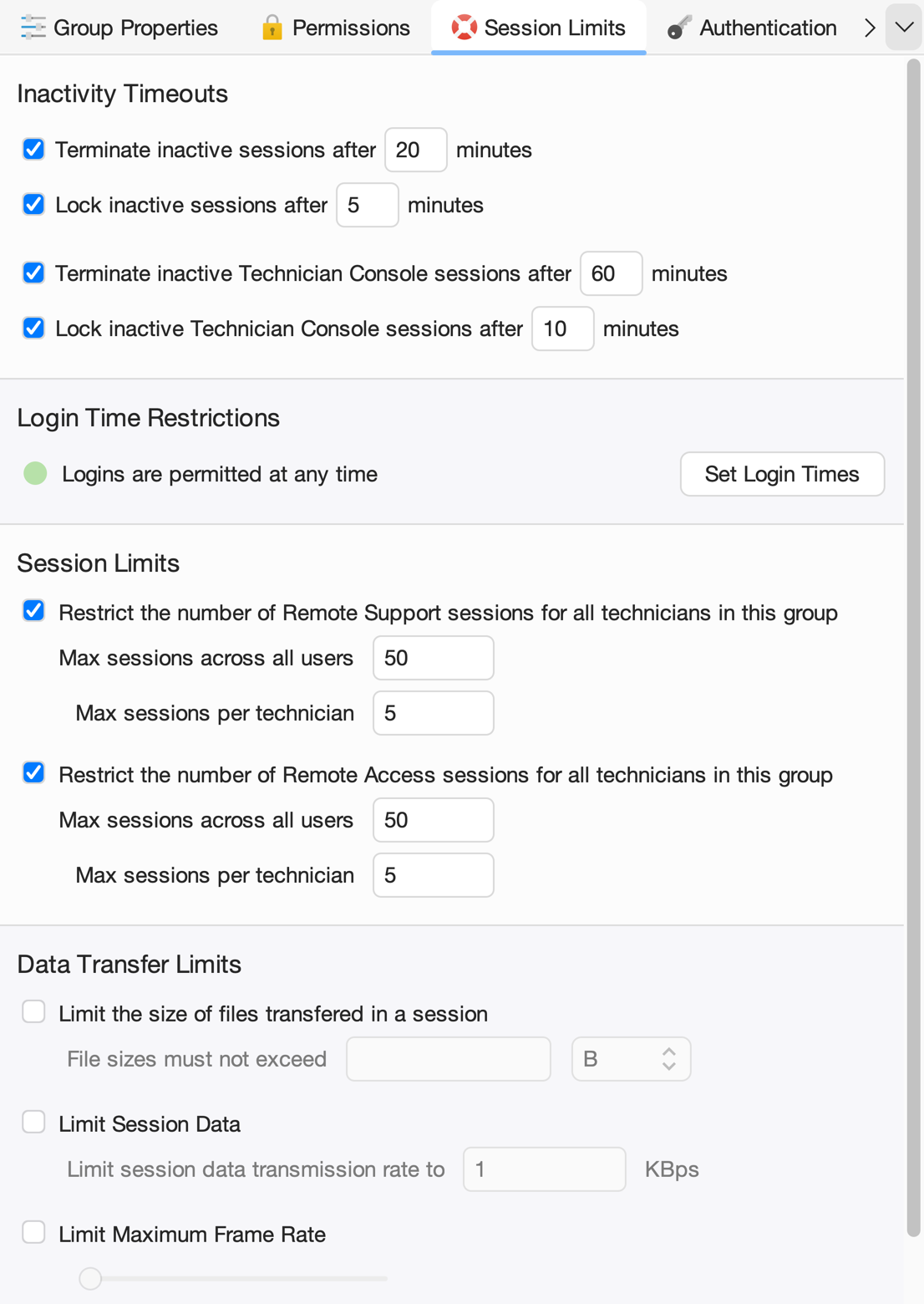 Session Limits Screenshot