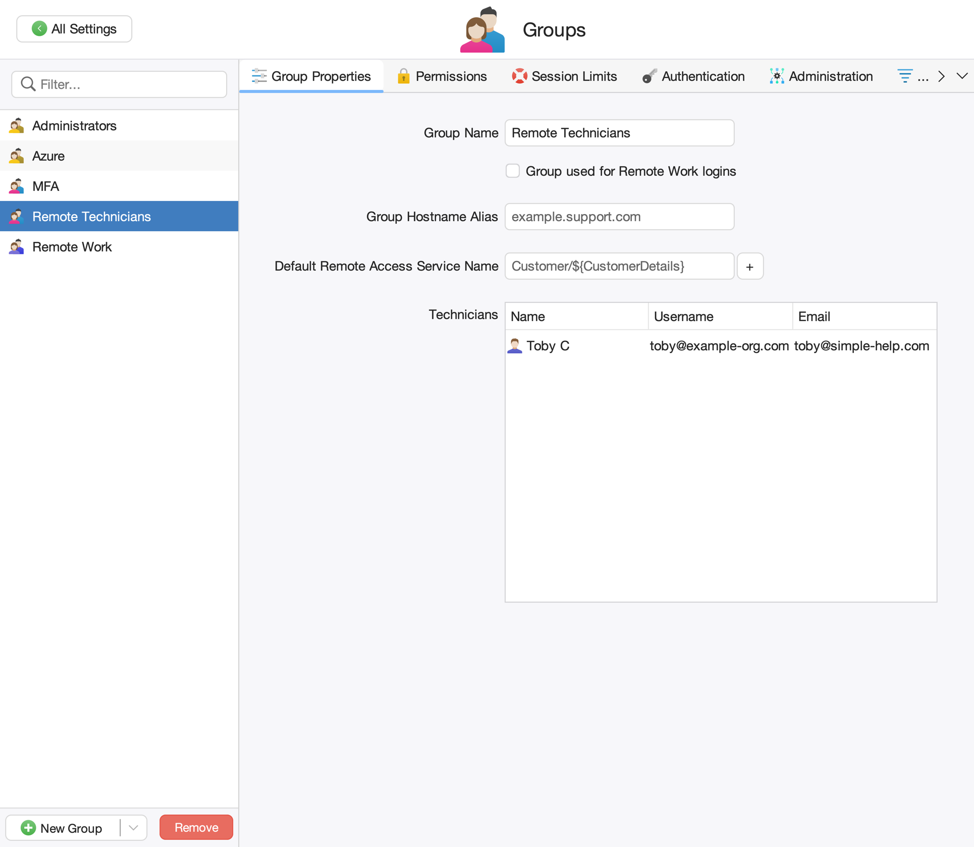 Technician groups Screenshot